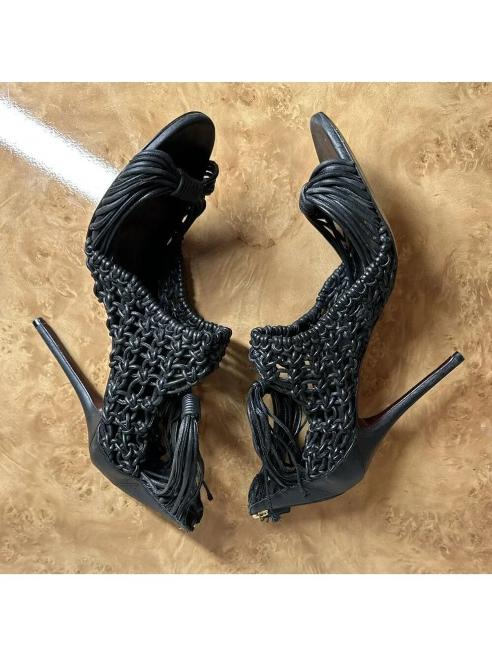 Oscar de la Renta Black Woven Leather Tassel Sandals Ankle Cuff Heels EU 39